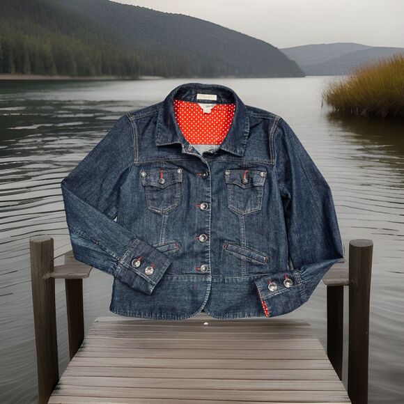 Christopher Banks Denim Jacket M Blue Dark Wash Button Cotton Blend Womens - Picture 1 of 9